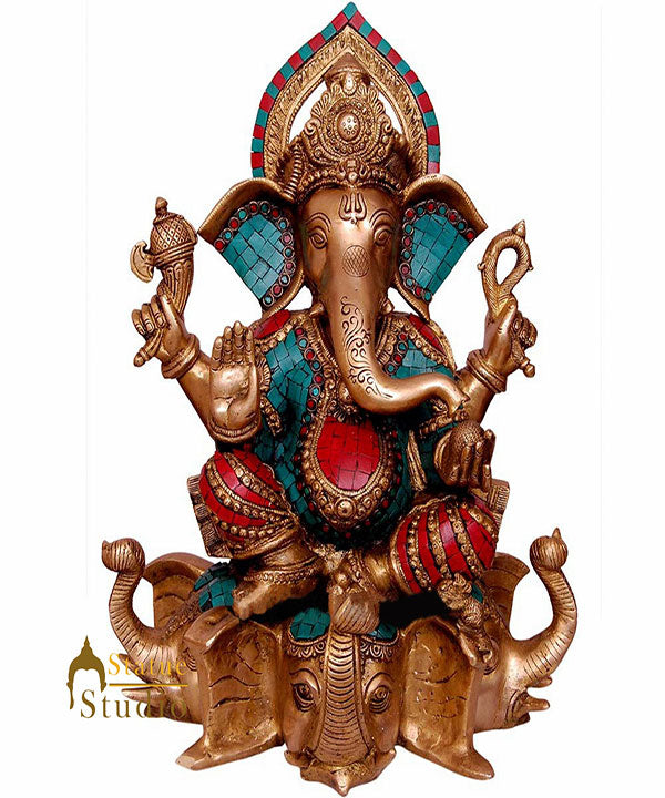 Turquoise Coral Inlay Finish Ganesh Sitting On Elephant Trunk Ganpat Statue 17" - Eco-friendly - Sama Homes