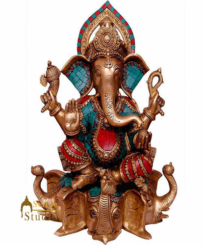 Turquoise Coral Inlay Finish Ganesh Sitting On Elephant Trunk Ganpat Statue 17" by vendor-unknown - Hindu Gods