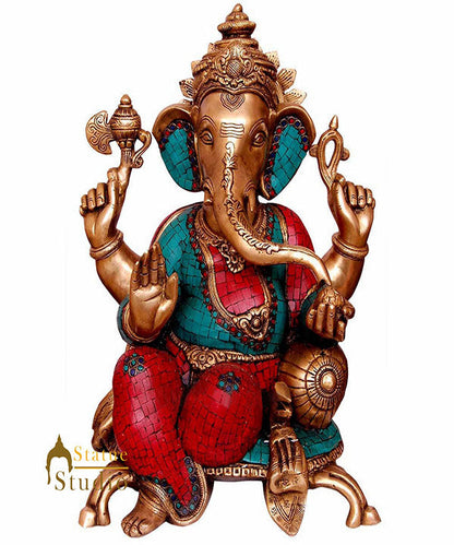 Indian Hindu God Statue Ganesh Sitting On Couch Ganpati Inlay Idol Showpiece 20" by vendor-unknown - Hindu Gods