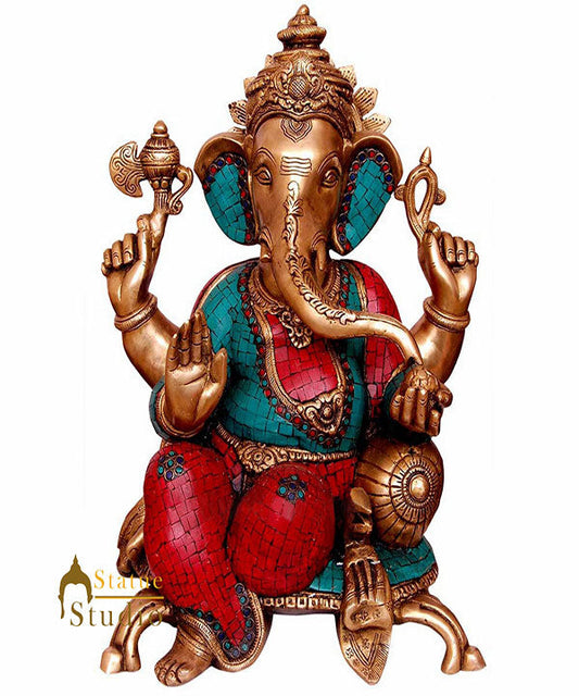 Indian Hindu God Statue Ganesh Sitting On Couch Ganpati Inlay Idol Showpiece 20"