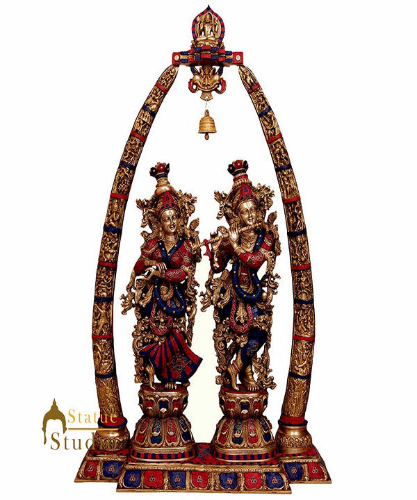 Large Size Brass Tusk Set Radha Krishna Temple Statue Big Inlay Décor Idol 4 Feet - Image 2