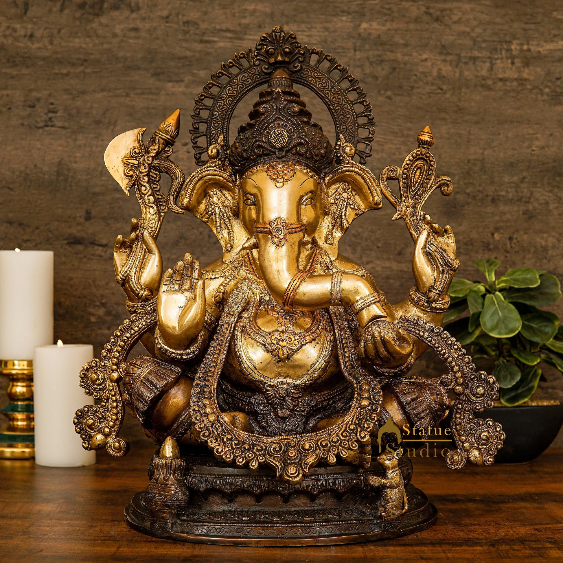 Brass Large South Indian Style Ganesha Statue Antique Finish Lucky for Home Decor 20" - Eco-friendly - Sama Homes