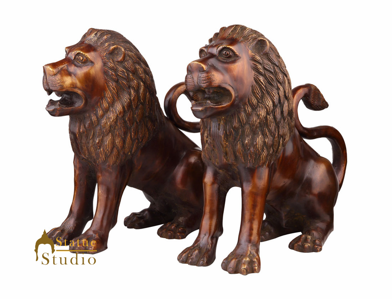 Indian Bronze Lion Pair Home Garden Indoor Outdoor Décor Statue Showpiece 16" - Image 2