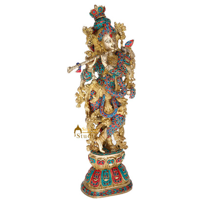 Brass Very Fine Inlay Krishna Religious Gift Décor Statue Masterpiece Idol 29" by vendor-unknown - Hindu Gods (View 3)