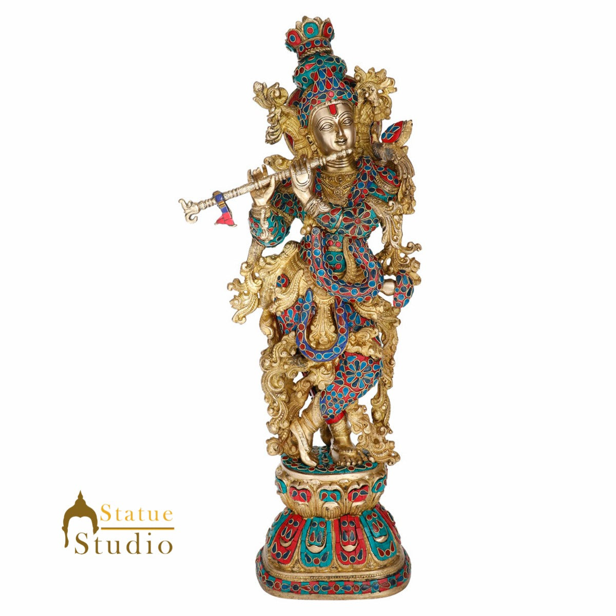 Brass Very Fine Inlay Krishna Religious Gift Décor Statue Masterpiece Idol 29" - Eco-friendly - Sama Homes