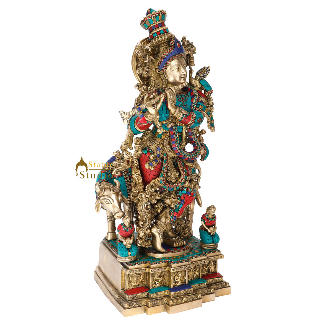 Large Brass Inlay Lord Krishna Fluting With Cow Décor Gift Idol Statue Murti 28" - Image 3