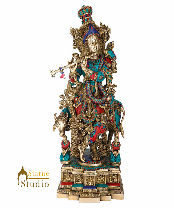 Large Brass Inlay Lord Krishna Fluting With Cow Décor Gift Idol Statue Murti 28" - Image 2