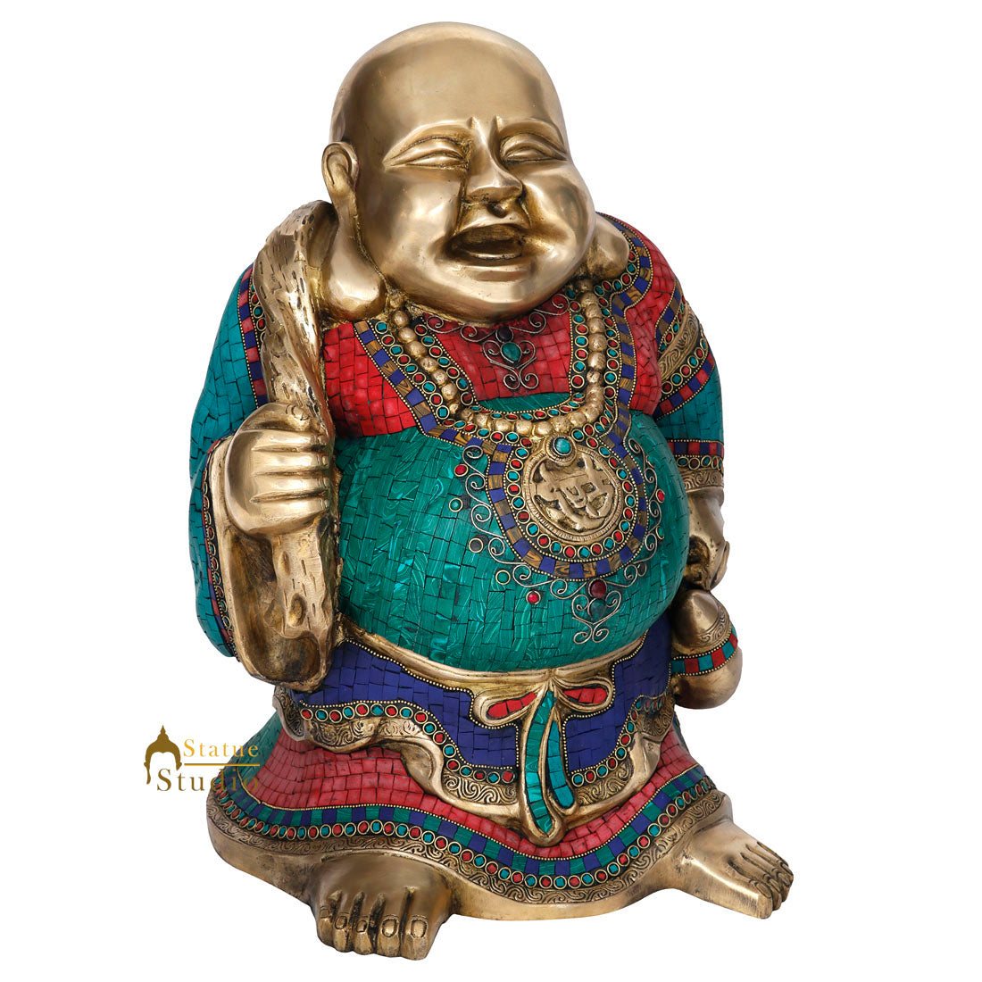 Brass Chinese Laughing Happy Buddha Statue Stone Work Decor Showpiece 19 Inch