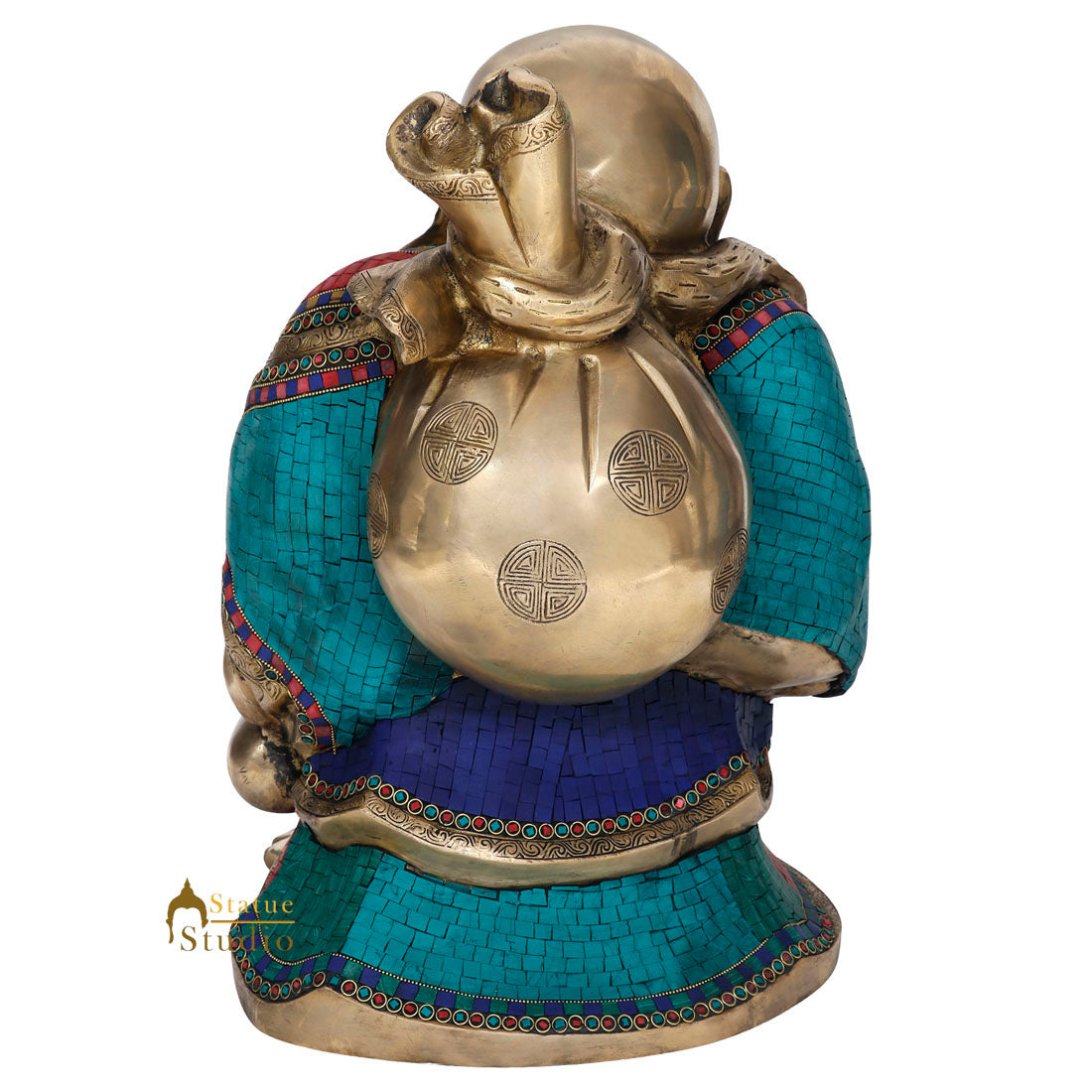 Brass Chinese Laughing Happy Buddha Statue Stone Work Decor Showpiece 19 Inch