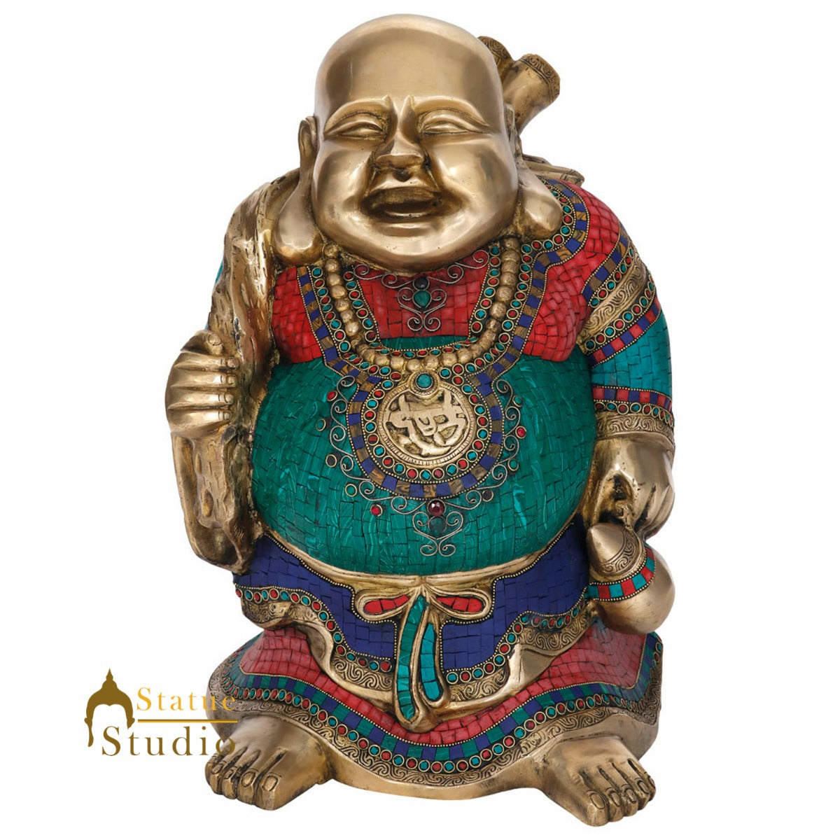 Brass Chinese Laughing Happy Buddha Statue Stone Work Decor Showpiece 19 Inch
