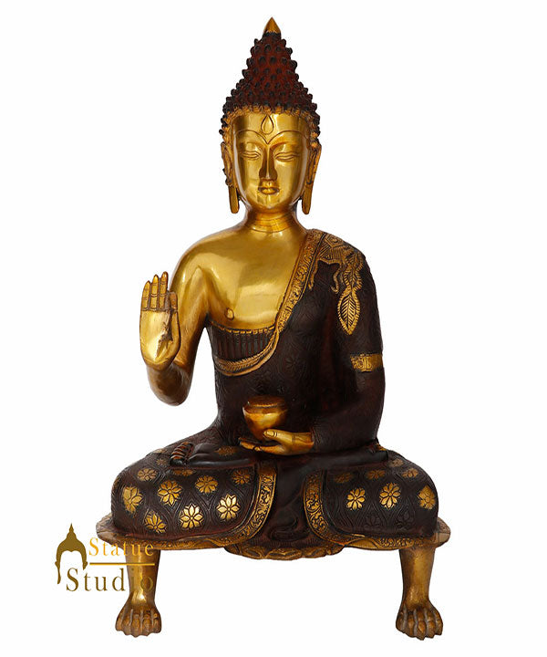 Indian Brass Blessing Buddha Statue Home Décor Antique Finish Idol Gift 21" - Eco-friendly - Sama Homes