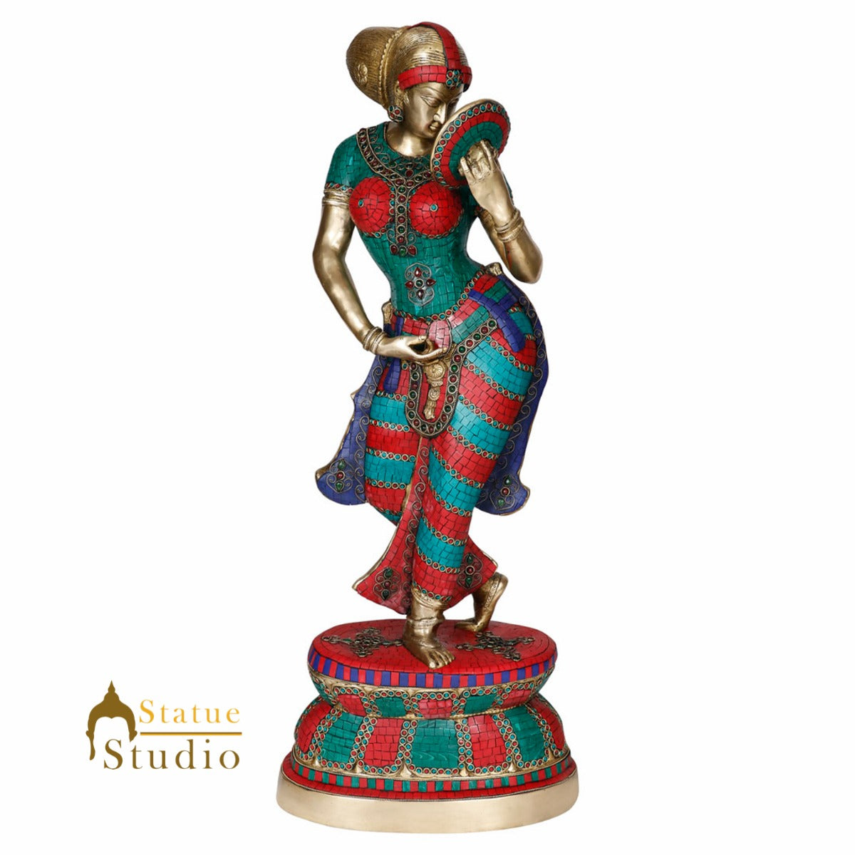Indian Celestial Lucky Decor Standing Lady With Mirror Statue Showpiece 3 Feet - Image 2