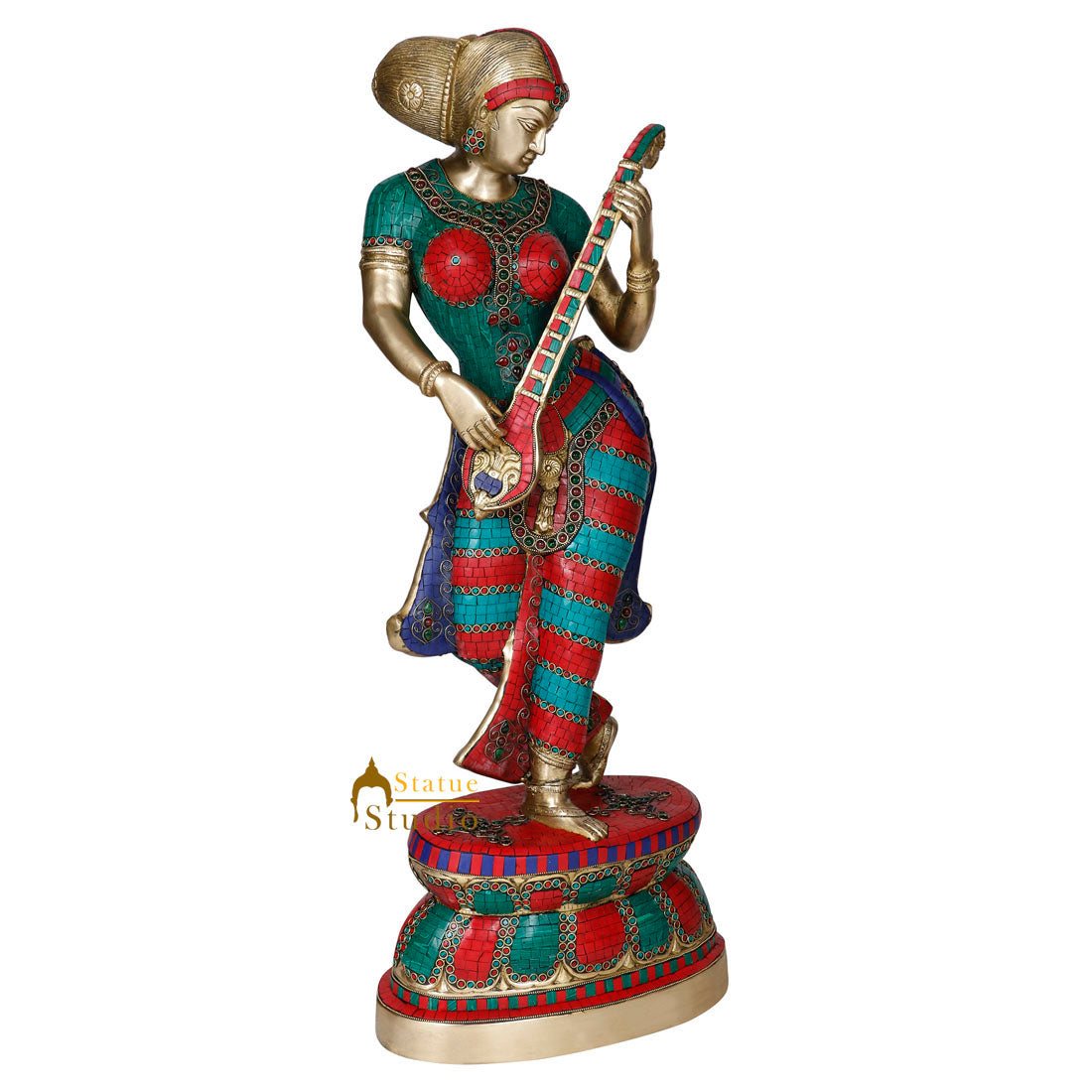 Indian Celestial Lucky Decor Standing Lady With Sitar Statue Showpiece 3 Feet - Image 3