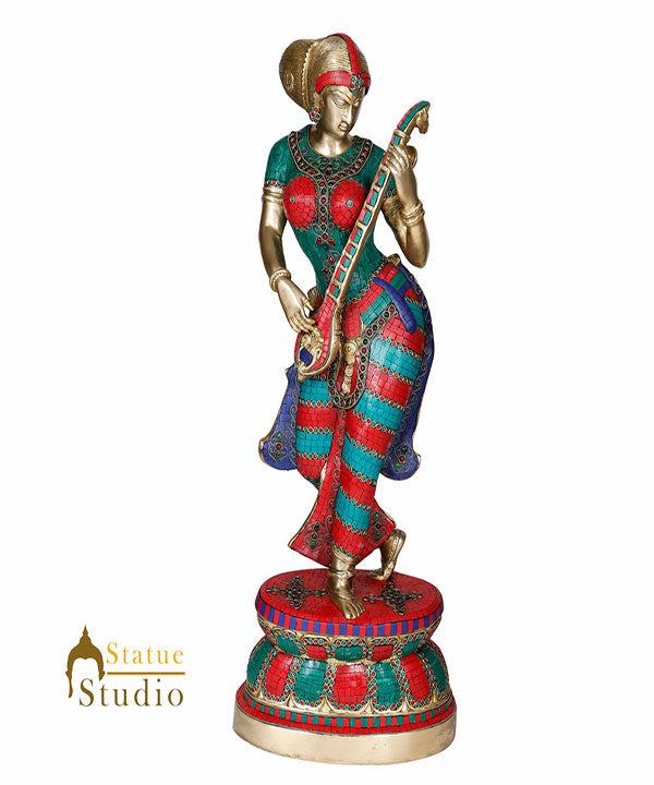 Indian Celestial Lucky Decor Standing Lady With Sitar Statue Showpiece 3 Feet - Eco-friendly - Sama Homes
