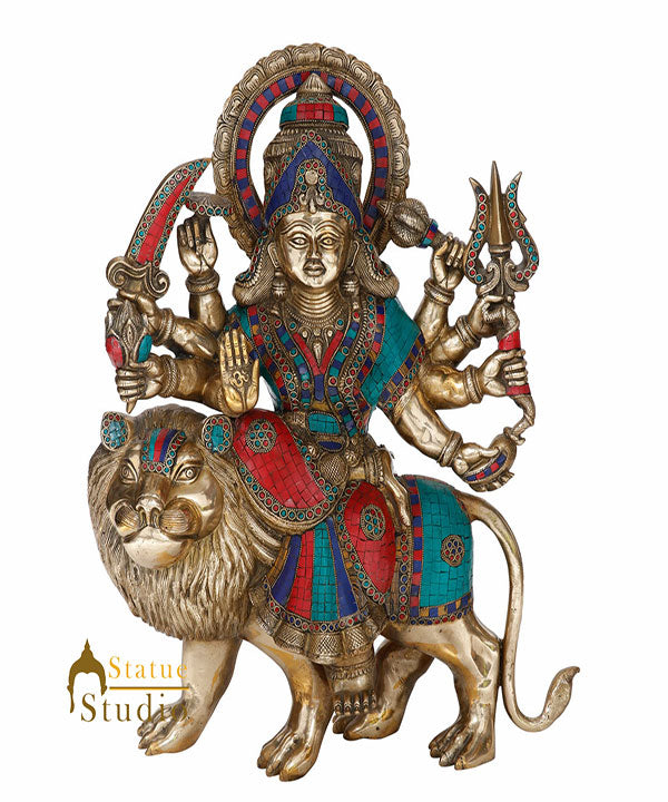 Indian Hindu Goddess Durga Sherawali With Lion Statue Temple Inlay Idol 2 Feet - Image 2