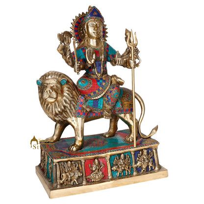 Brass Hindu Goddess Durga Sherawali With Lion Statue Temple Inlay Idol 2 Feet by vendor-unknown - Hindu Gods (View 3)