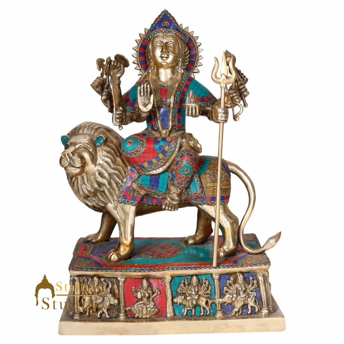 Brass Hindu Goddess Durga Sherawali With Lion Statue Temple Inlay Idol 2 Feet