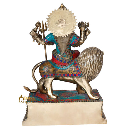 Brass Hindu Goddess Durga Sherawali With Lion Statue Temple Inlay Idol 2 Feet by vendor-unknown - Hindu Gods (View 4)