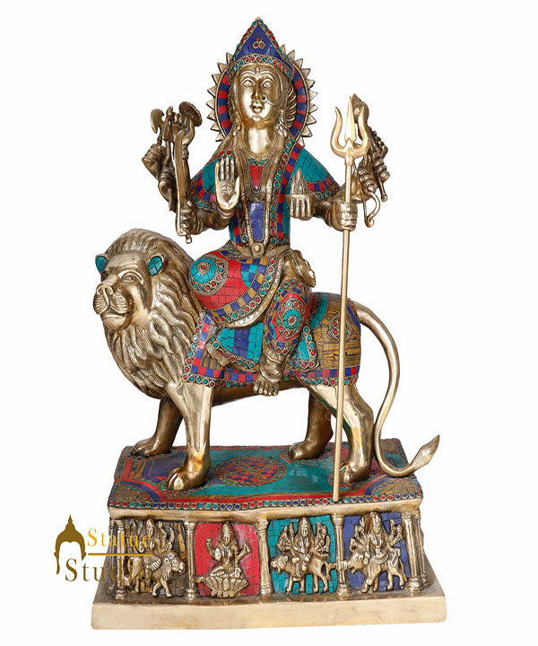 Brass Hindu Goddess Durga Sherawali With Lion Statue Temple Inlay Idol 2 Feet - Image 2