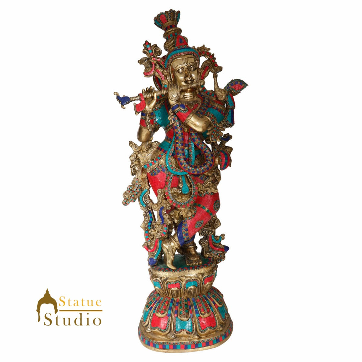 Large Size Fine Inlay Work Lord Krishna Idol Décor Gift Murti Statue 4 Feet - Eco-friendly - Sama Homes