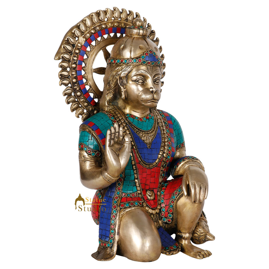 Brass Fine Sitting Hanuman Idol Stone Work For Home Decor Showpiece 16" - Image 3