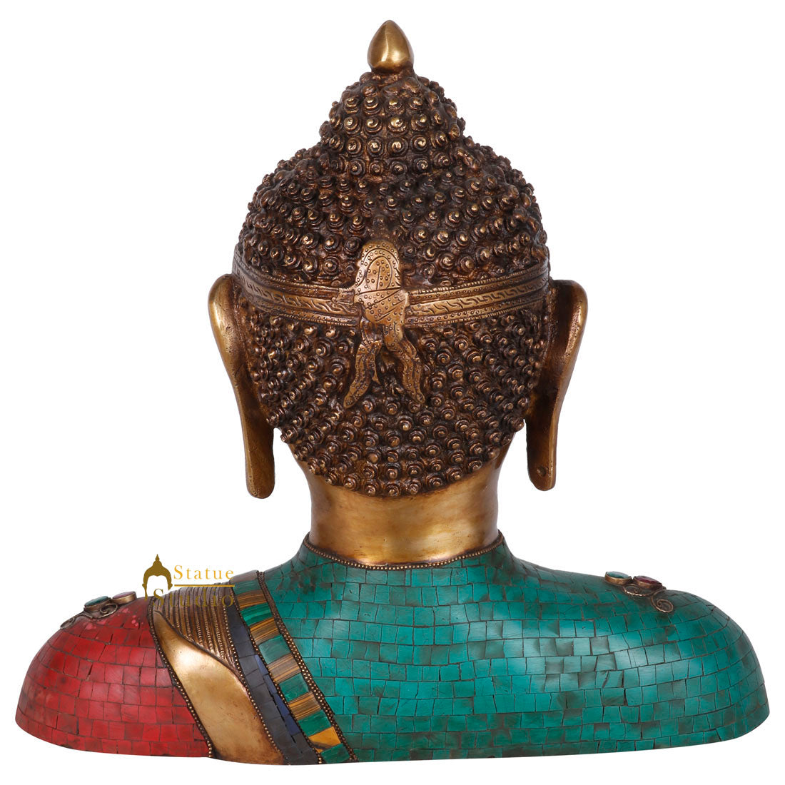 Brass Chinese Buddha Bust Idol Stone Work For Decor Showpiece 14"