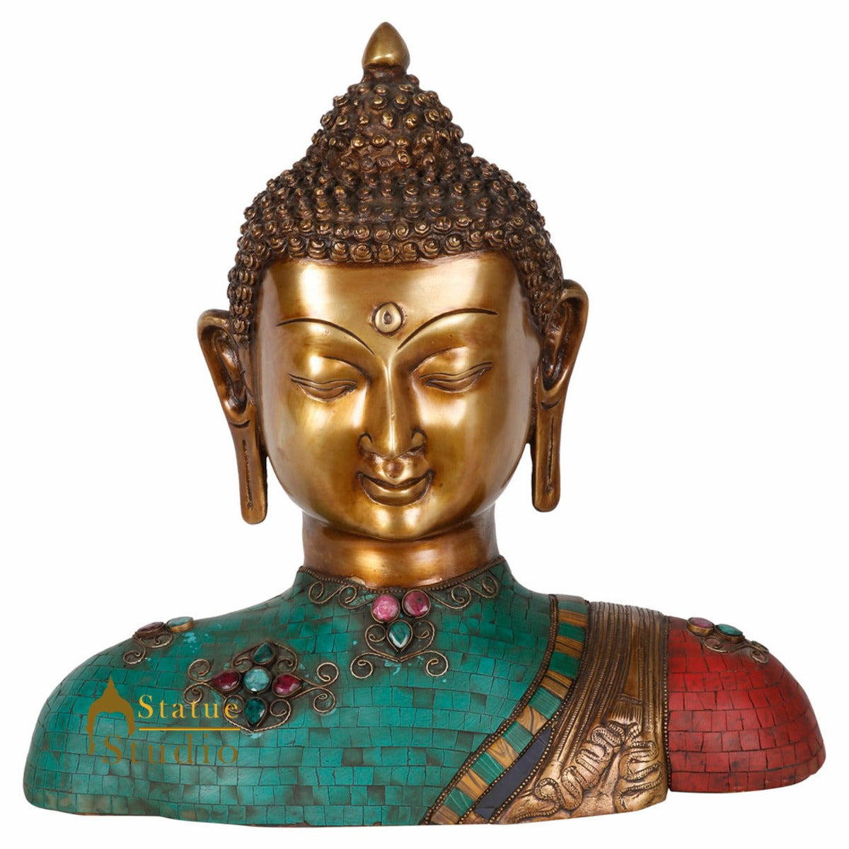 Brass Chinese Buddha Bust Idol Stone Work For Decor Showpiece 14" - Image 3