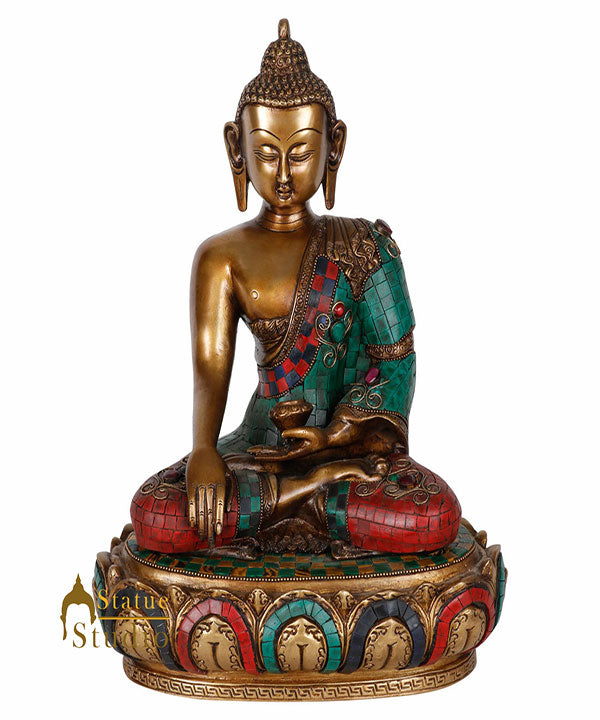 Antique Inlay Work Chinese Sakyamuni Buddha Bust Décor Idol Showpiece Statue 14"