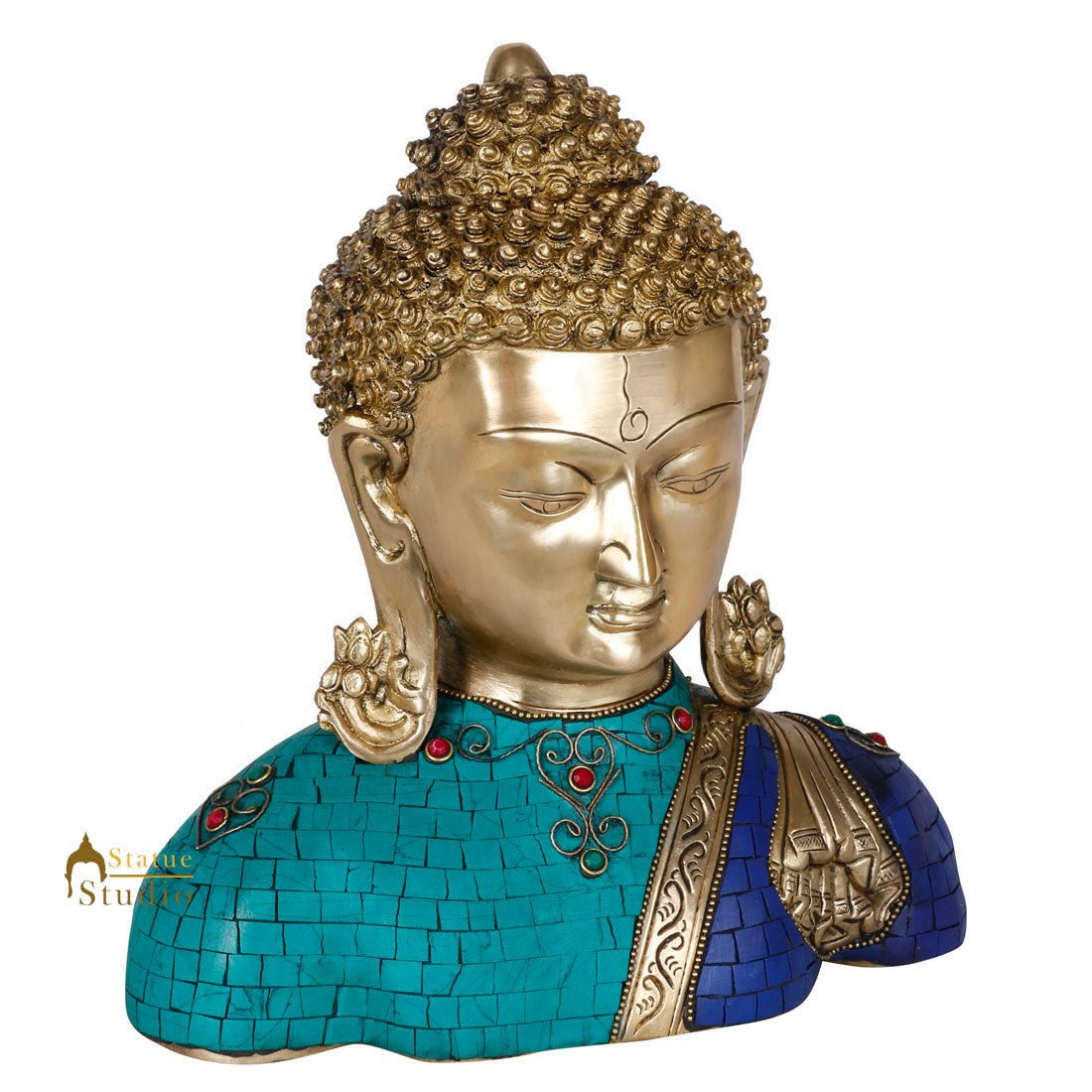 Brass Buddha Bust Indian Handicraft Turquoise Coral Stone Inlay Finish Idol 11" - Image 3
