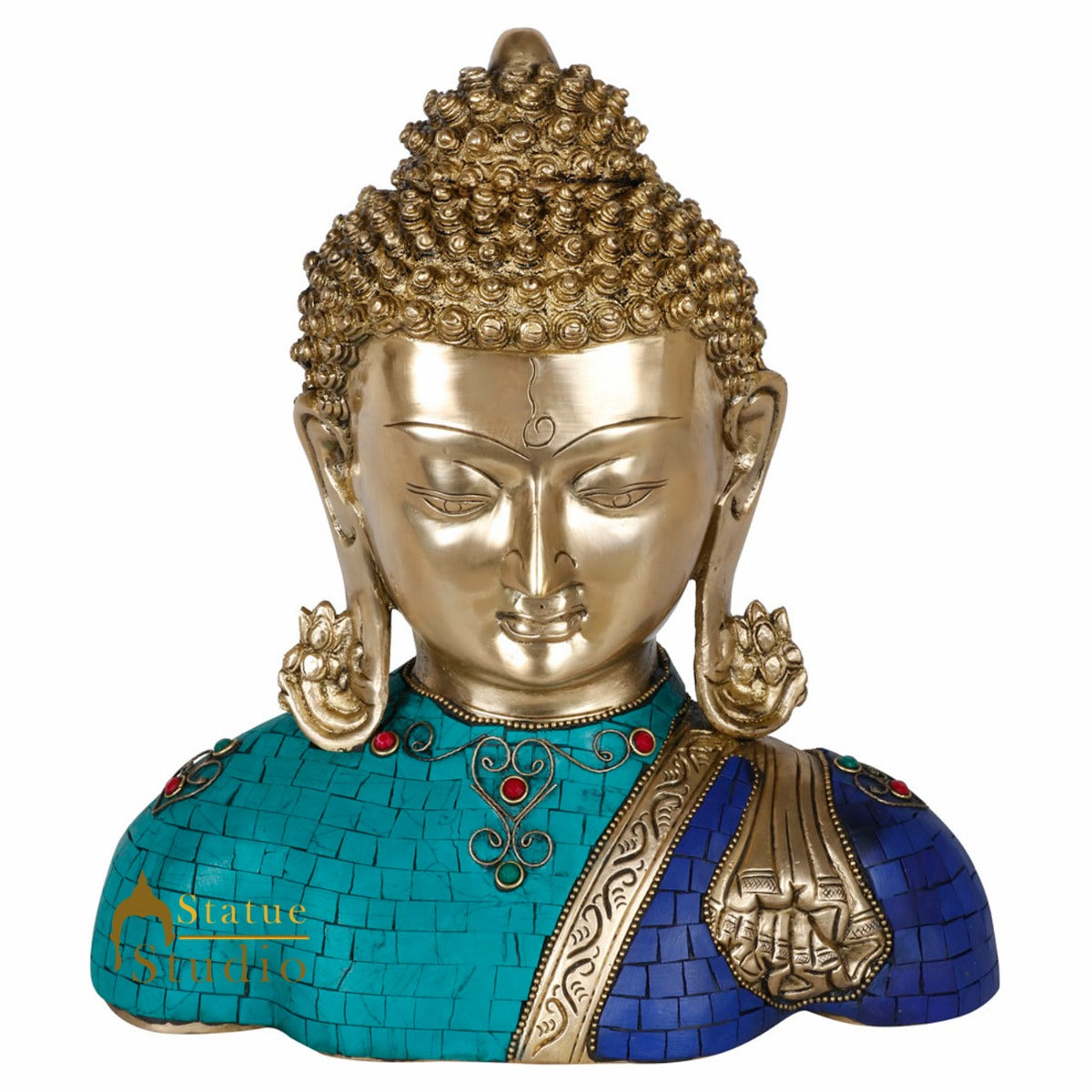 Brass Buddha Bust Indian Handicraft Turquoise Coral Stone Inlay Finish Idol 11" - Image 2