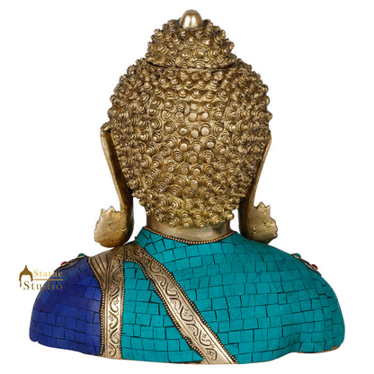 Brass Buddha Bust Indian Handicraft Turquoise Coral Stone Inlay Finish Idol 11" by vendor-unknown - Buddha (View 4)