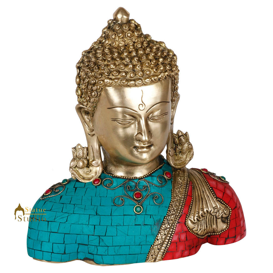 Brass Buddha Bust Indian Handicraft Turquoise Coral Stone Inlay Finish Statue 9" - Image 3