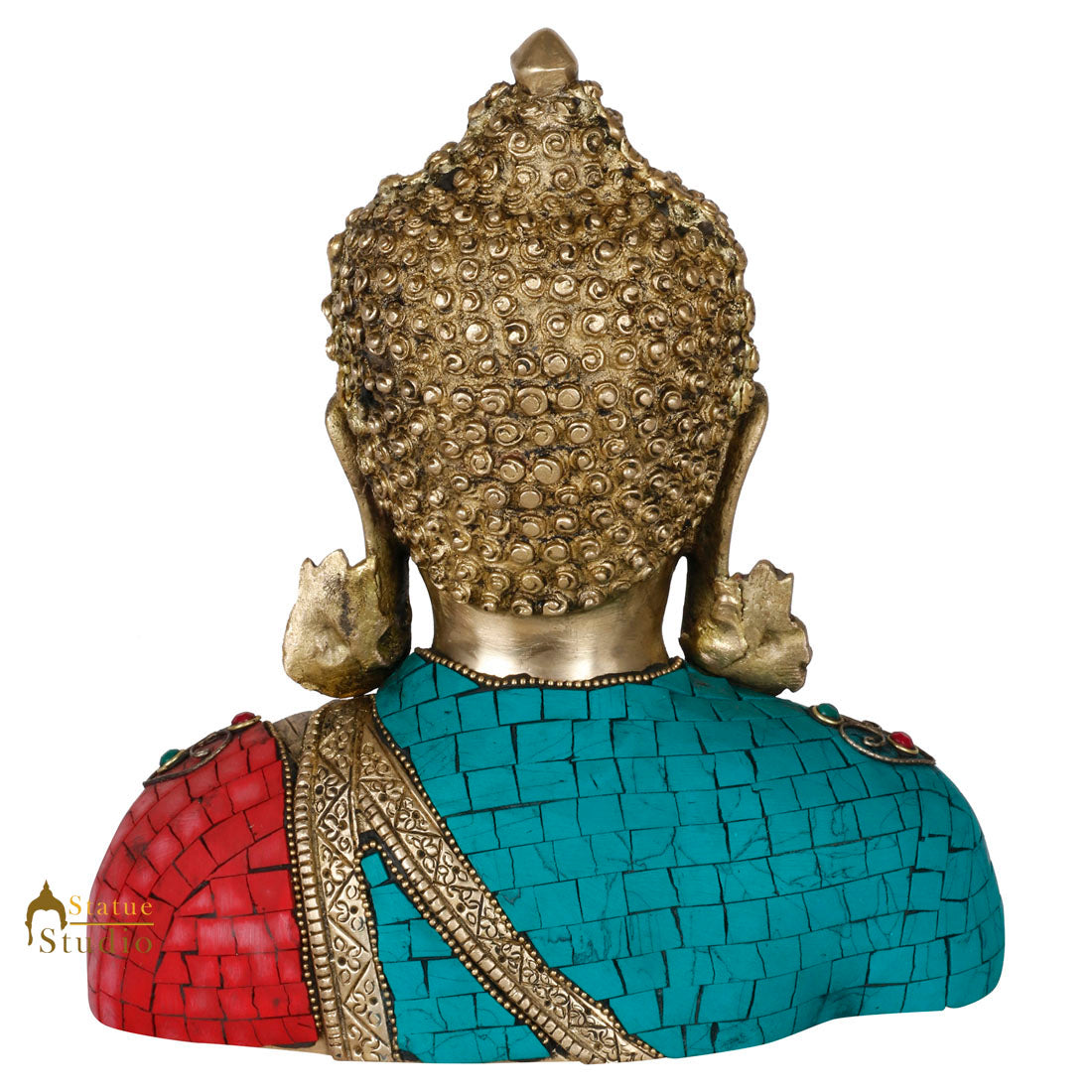 Brass Buddha Bust Indian Handicraft Turquoise Coral Stone Inlay Finish Statue 9" - Image 4