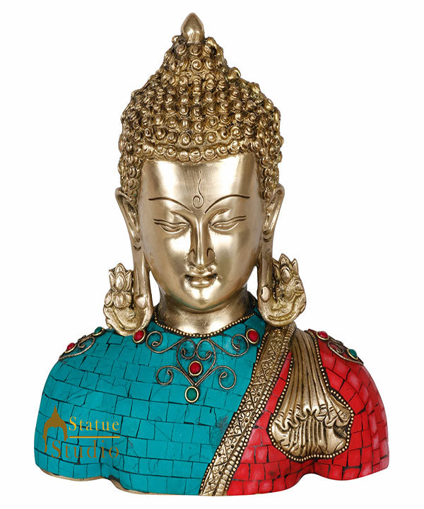 Brass Buddha Bust Indian Handicraft Turquoise Coral Stone Inlay Finish Statue 9" - Eco-friendly - Sama Homes