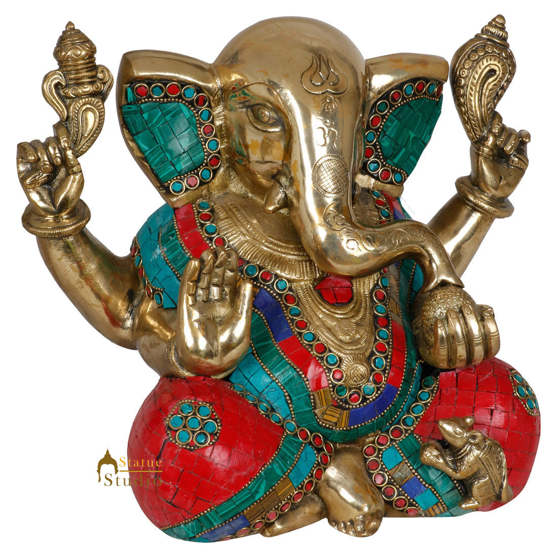 Indian Brass Handicraft Hindu Lord Ganesha Statue Fine Inlay Diwali Gift Idol 9" - Image 3