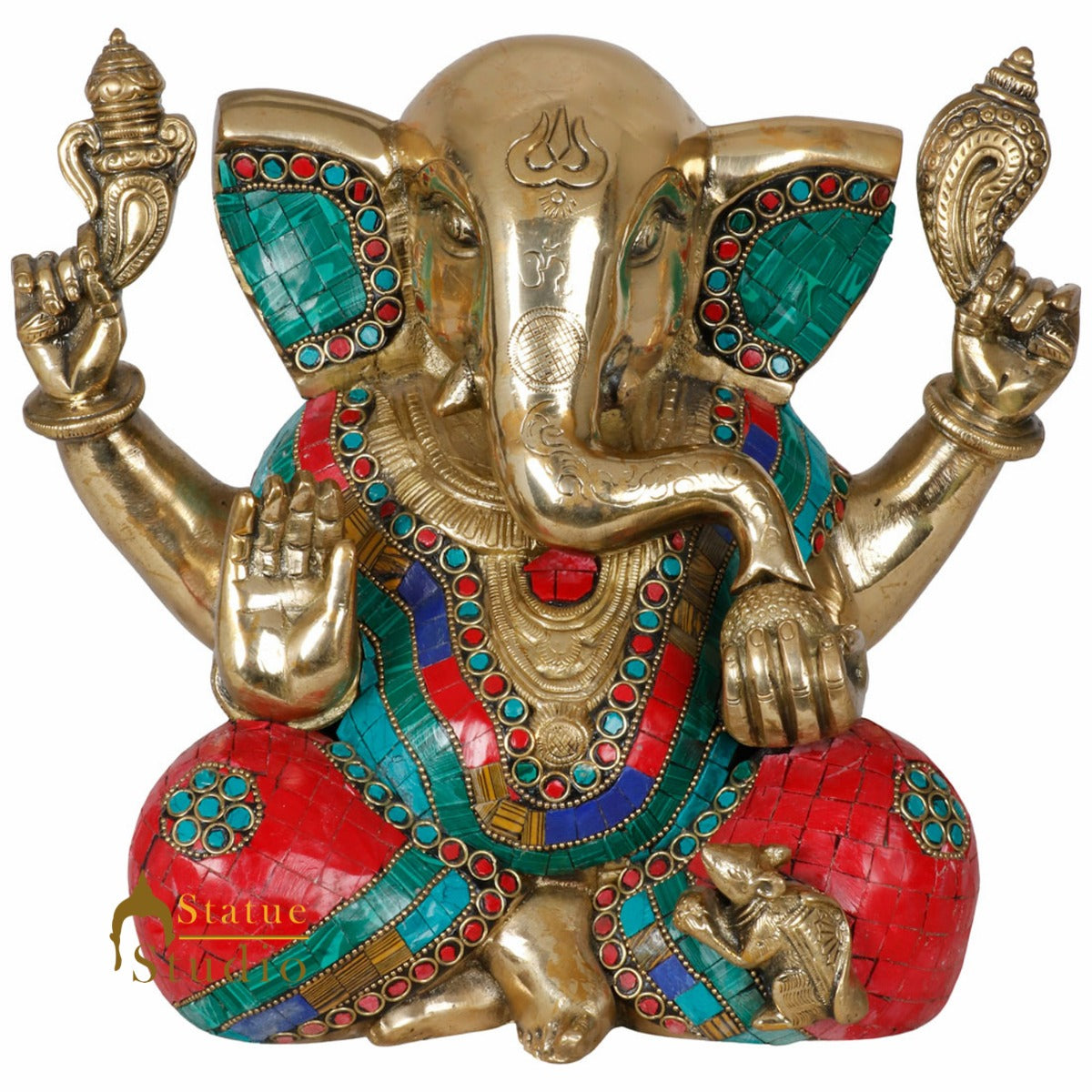 Indian Brass Handicraft Hindu Lord Ganesha Statue Fine Inlay Diwali Gift Idol 9" - Image 2