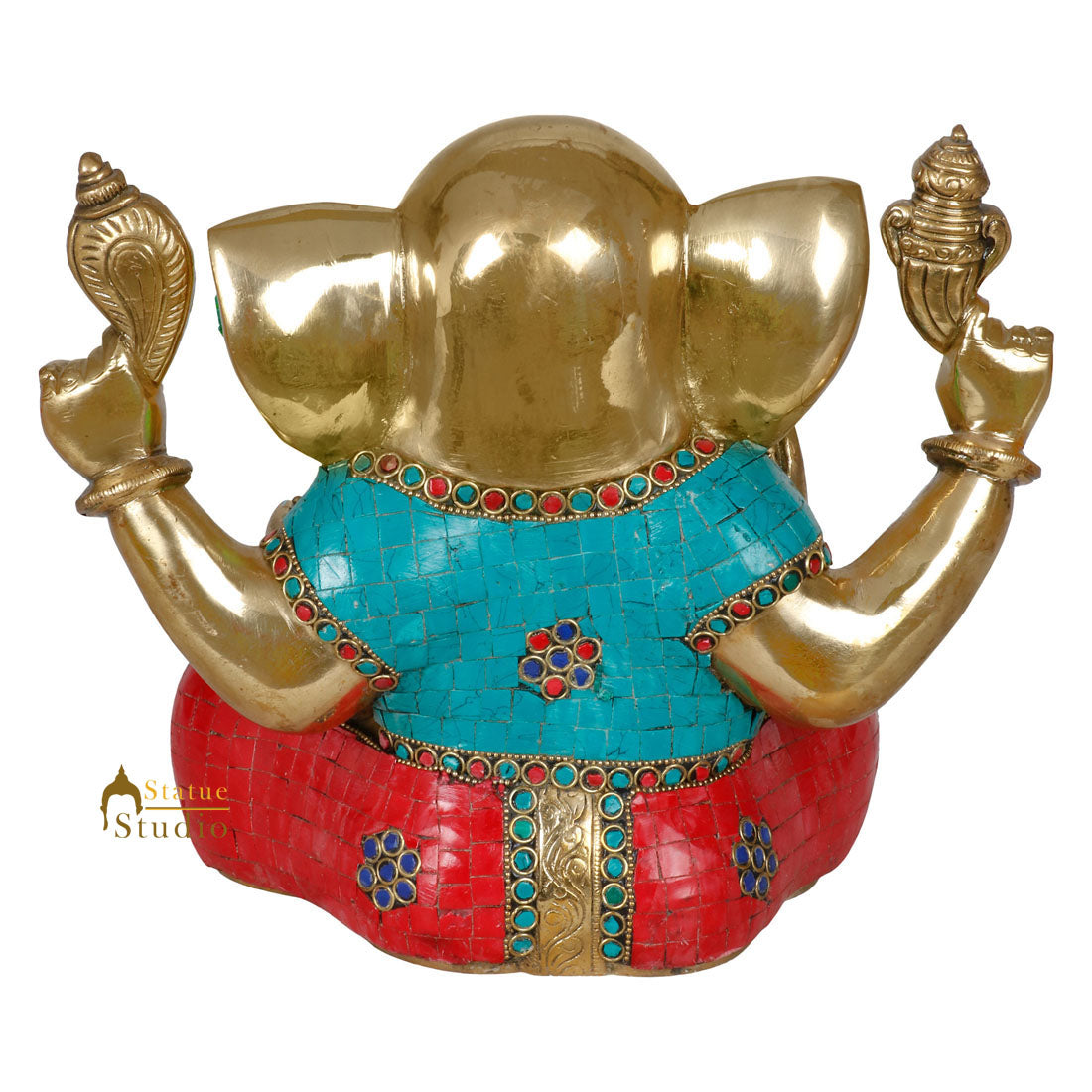 Indian Brass Handicraft Hindu Lord Ganesha Statue Fine Inlay Diwali Gift Idol 9" - Image 4