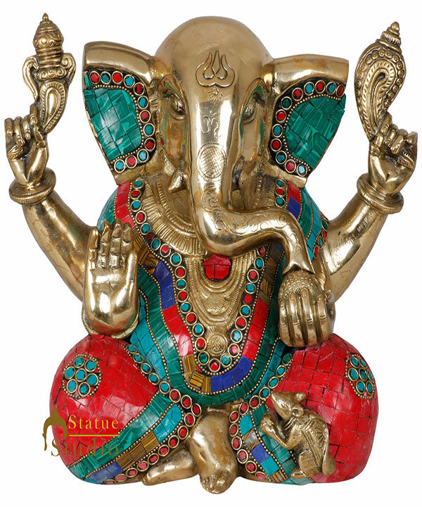Indian Brass Handicraft Hindu Lord Ganesha Statue Fine Inlay Diwali Gift Idol 9" - Eco-friendly - Sama Homes