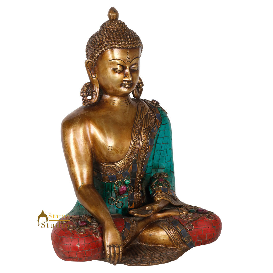 Brass Japanese Buddha Statue Finely Crafted Stone Work For Decor Idol Showpiece 12"