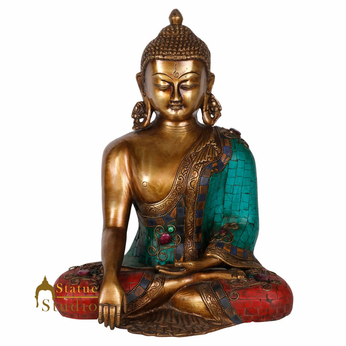 Brass Japanese Buddha Statue Finely Crafted Stone Work For Decor Idol Showpiece 12"