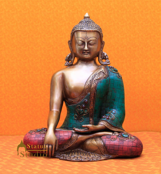 Brass Japanese Buddha Statue Finely Crafted Stone Work For Decor Idol Showpiece 12"