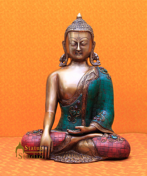 Brass Japanese Buddha Statue Finely Crafted Stone Work For Decor Idol Showpiece 12" - Image 2