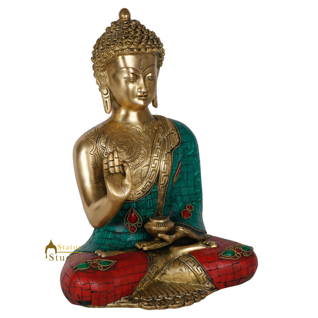 Finest Inlay Mantra Engraved Buddha Sitting Home Office Décor Statue Idol 12" - Image 3