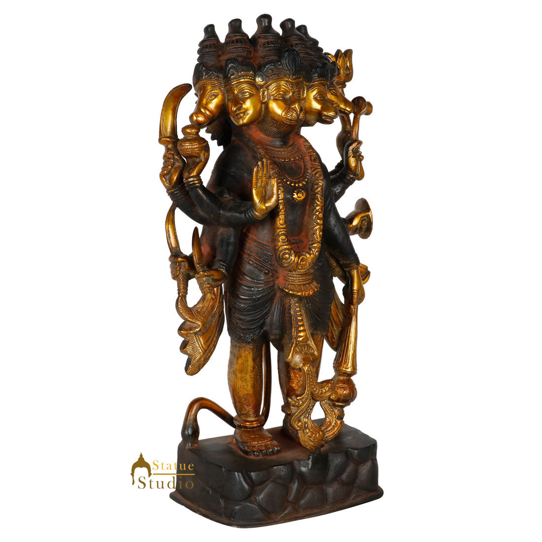 Brass Standing Panchmukhi Hanuman Statue Antique Finish For Home Décor 17"