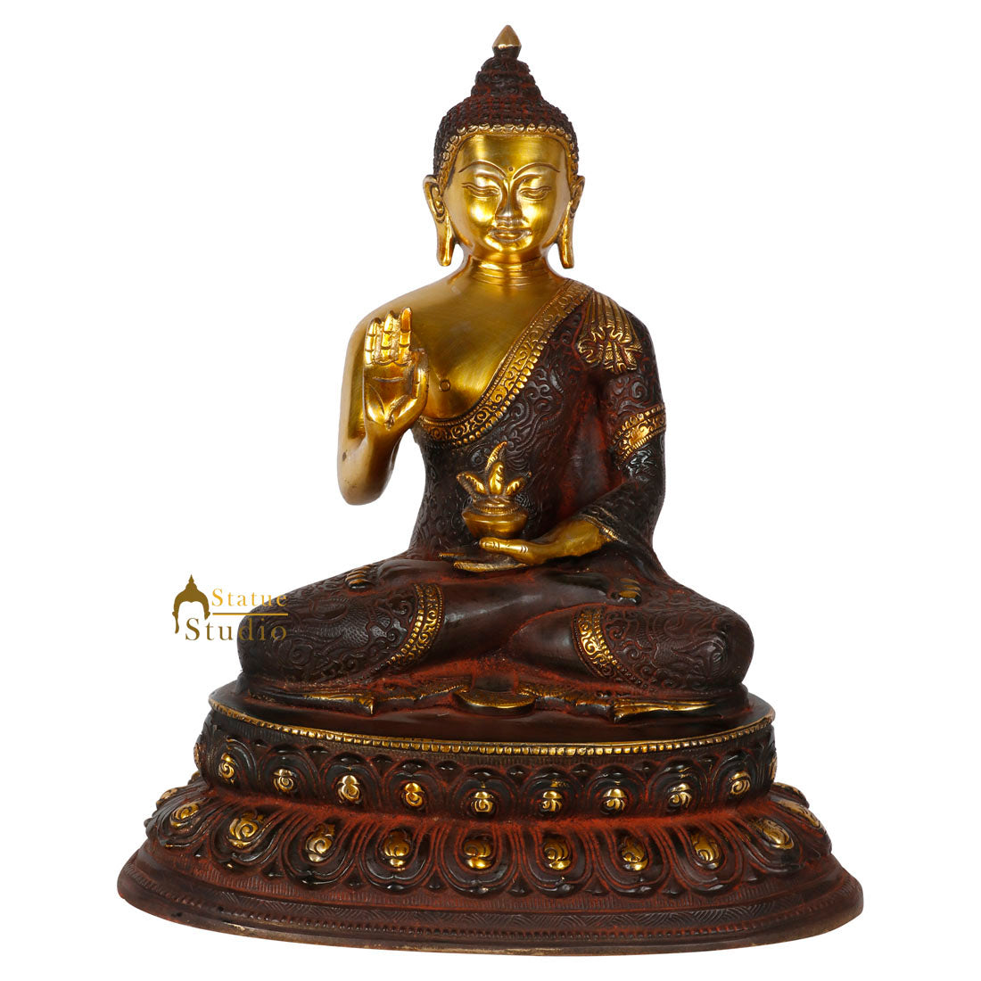Indian Antique Look Brass Blessing Sitting Buddha Statue Idol Figurine 12" - Eco-friendly - Sama Homes