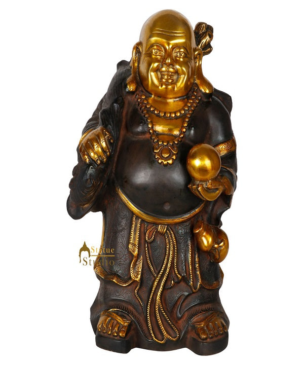 Brass Chinese Laughing Happy Buddha Statue Antique Finish Lucky Fengshui Vastu 17 Inch