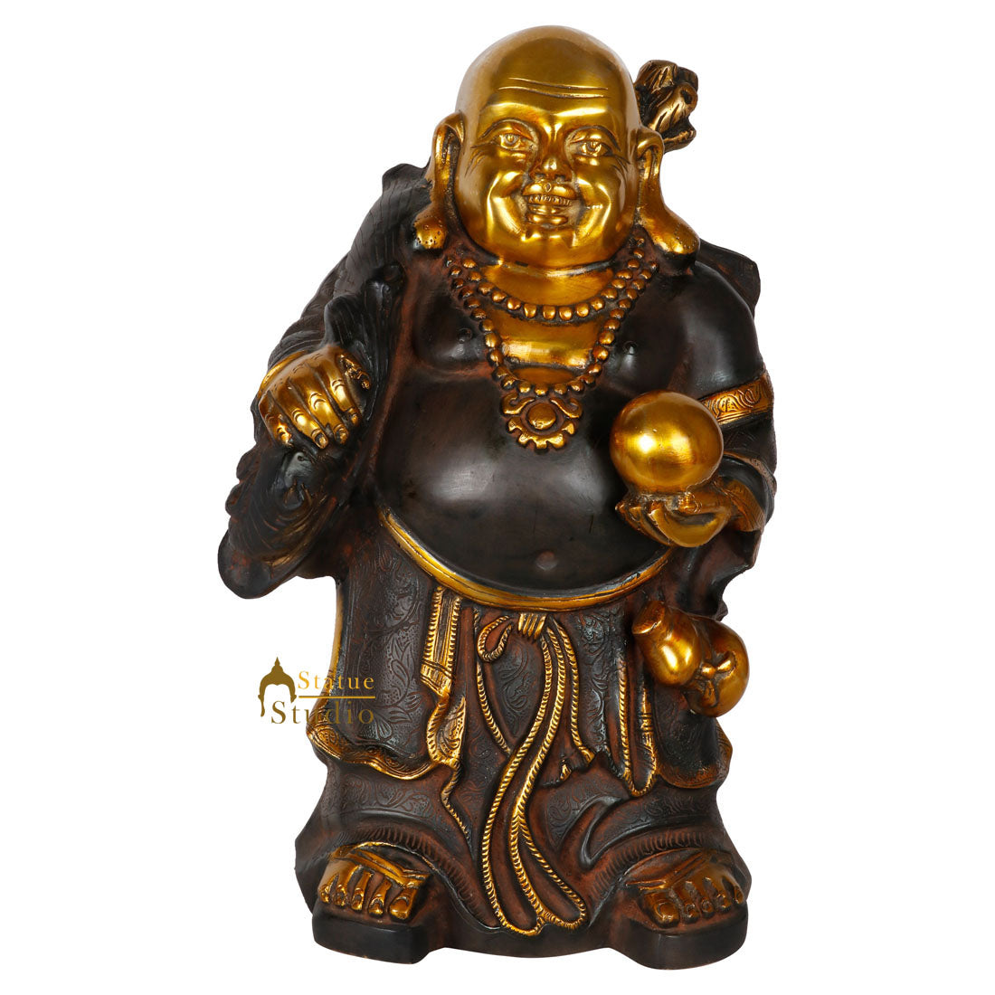 Brass Chinese Laughing Happy Buddha Statue Antique Finish Lucky Fengshui Vastu 17 Inch - Eco-friendly - Sama Homes