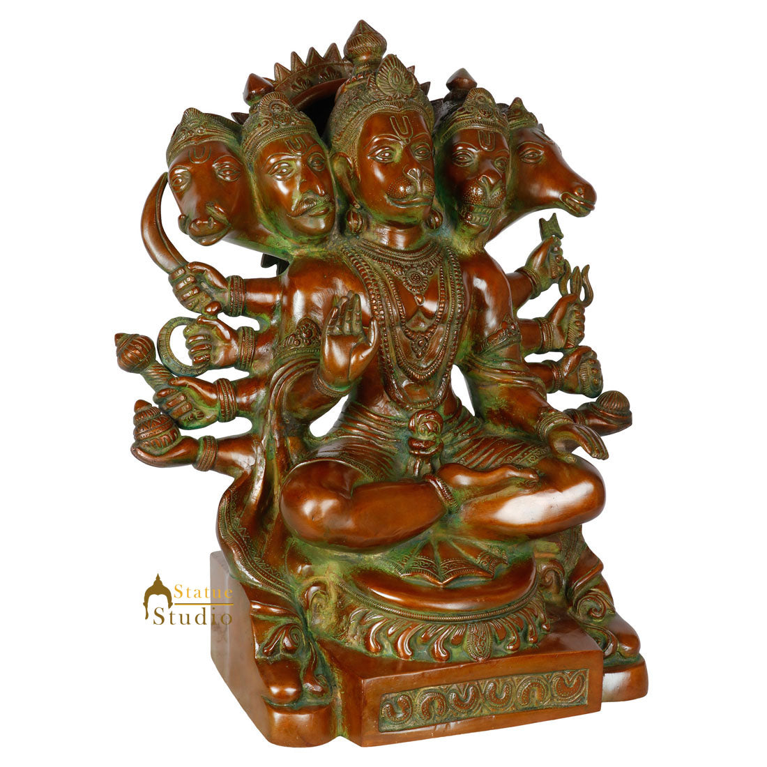 Brass Sitting Five Headed Panchmukhi Hanuman Statue For Home Décor 16" - Image 3