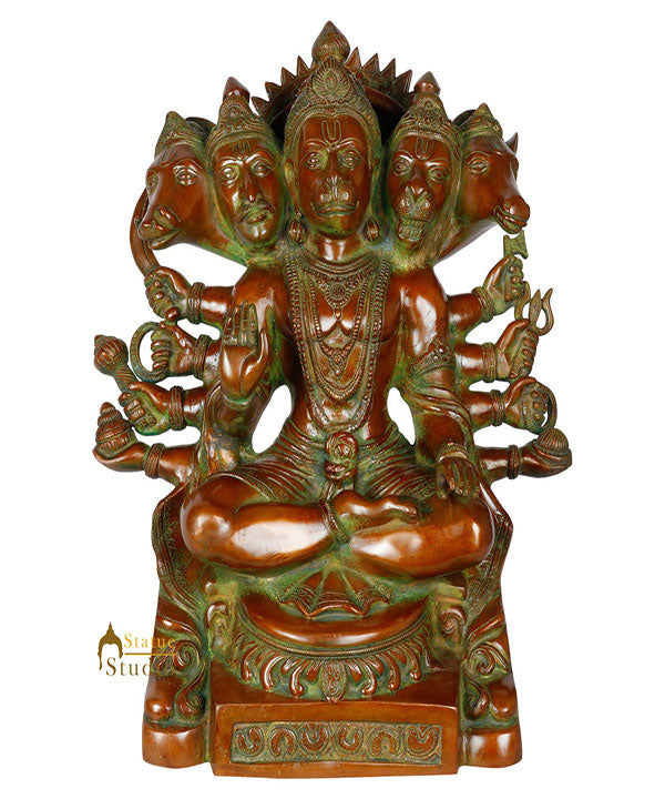 Brass Sitting Five Headed Panchmukhi Hanuman Statue For Home Décor 16" - Image 2