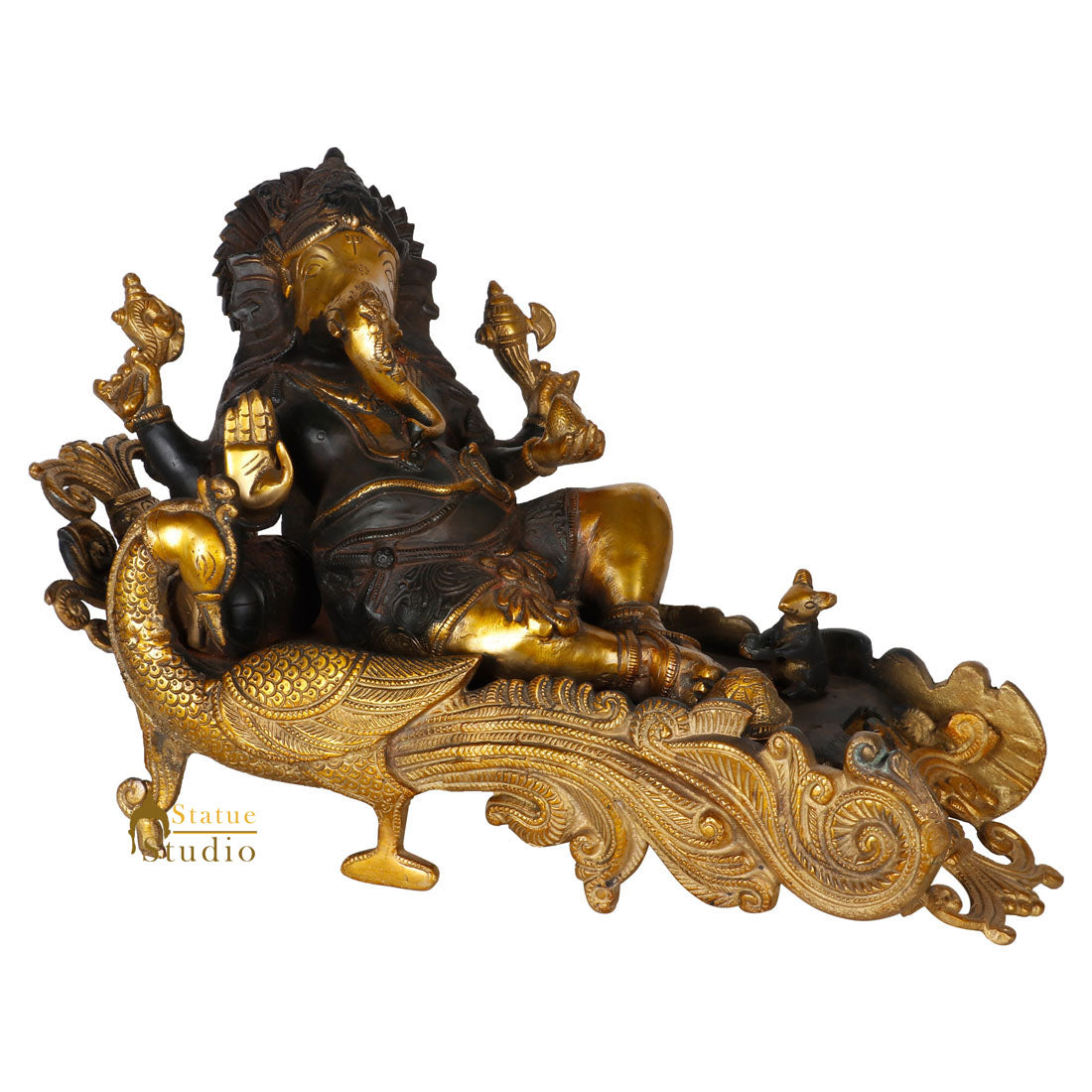 Rare Antique Finish Brass Metal Resting Ganesha Statue Peacock Couch Idol 9"